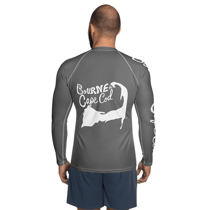 BRN.2C.C.™ /BOURNE to Cape Cod™ | Men’s Long Sleeve Rash Guard | UPF 50+ Active Coastal Shirt | White Logos on Grey product image (2)