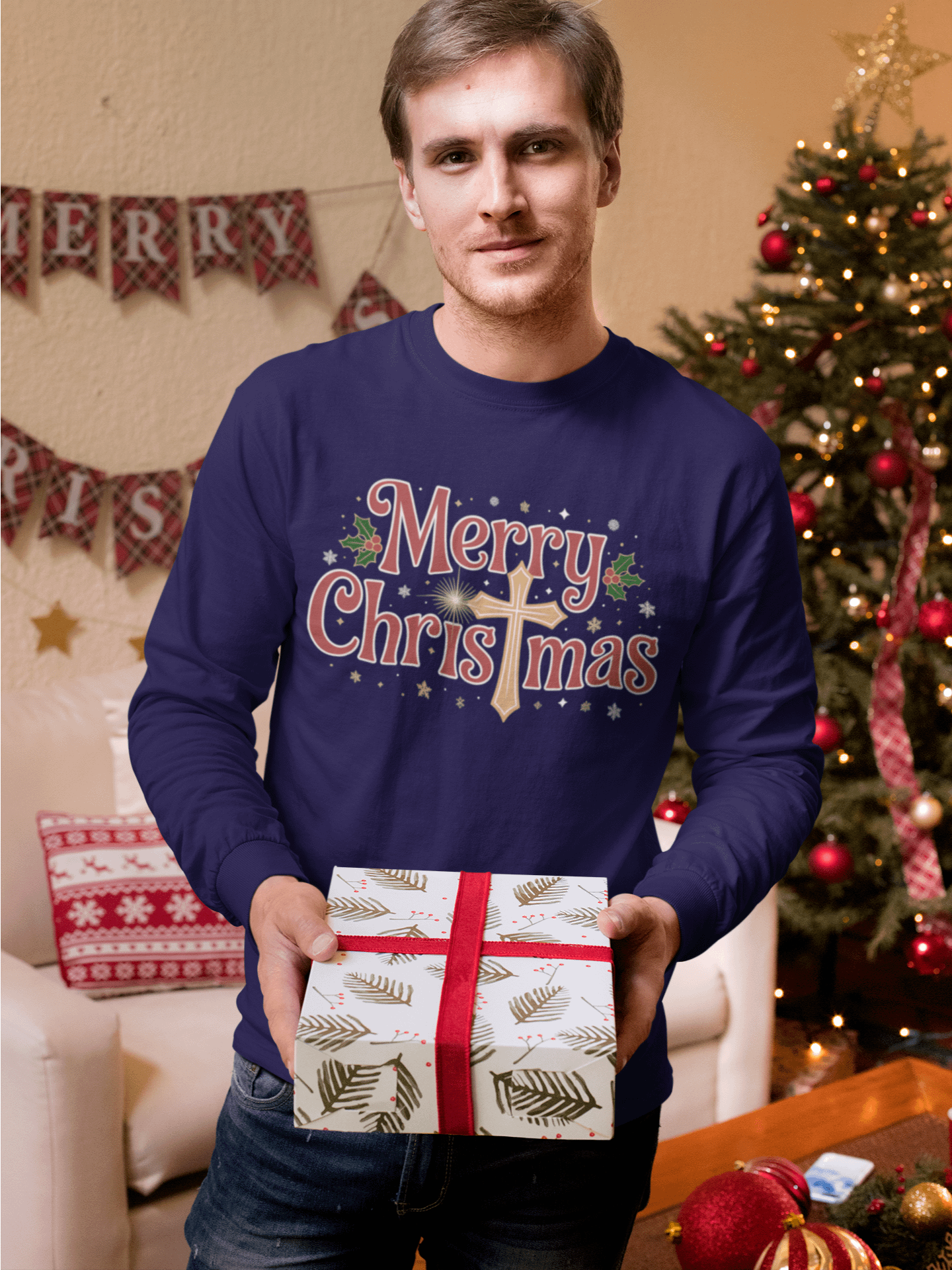 Christian Christmas Long Sleeve Shirt Merry Christmas with a Cross product image (2)