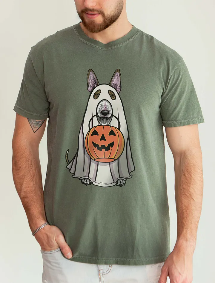 Funny Halloween Bull Terrier(Brindle) T-Shirt | Funny Dog Wearing a Ghost Costume and Holding a Pumpkin Basket product image (9)