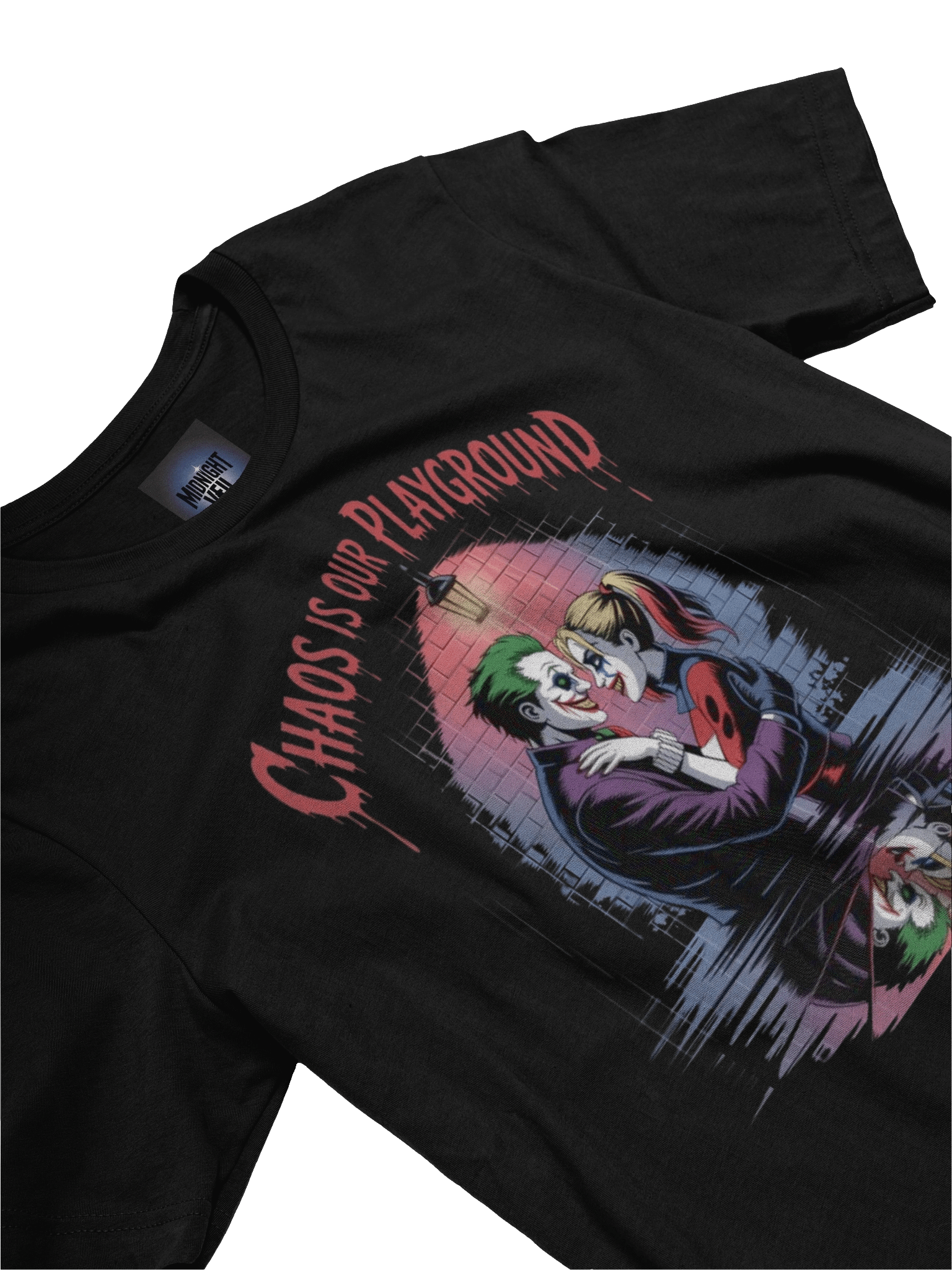 Chaos is Our Playground: Joker & Harley Quinn's Sinister Embrace Graphic Tee product image (5)