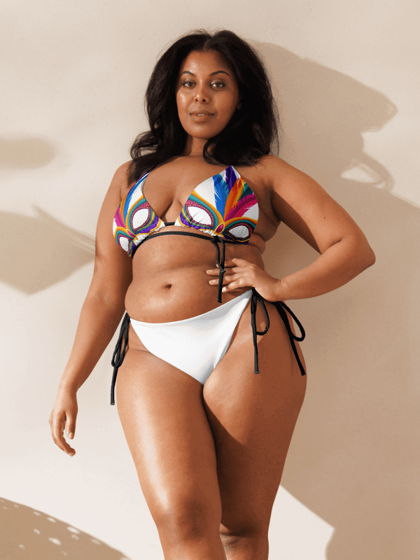 White Low Rise Cheeky String Bikini, Mardi Gras Top, White Bottoms product image (2)