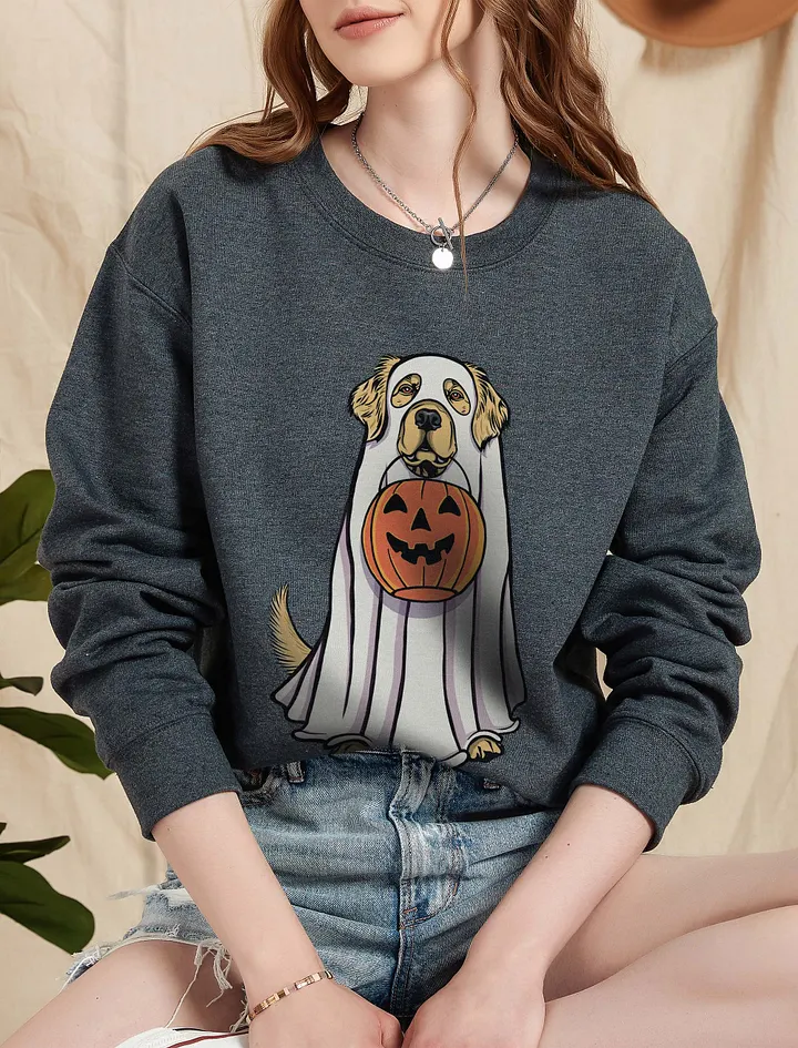 Funny Halloween Golden Retriever Sweatshirt | Funny Goldie Wearing a Ghost Costume and Holding a Pumpkin Basket product image (5)