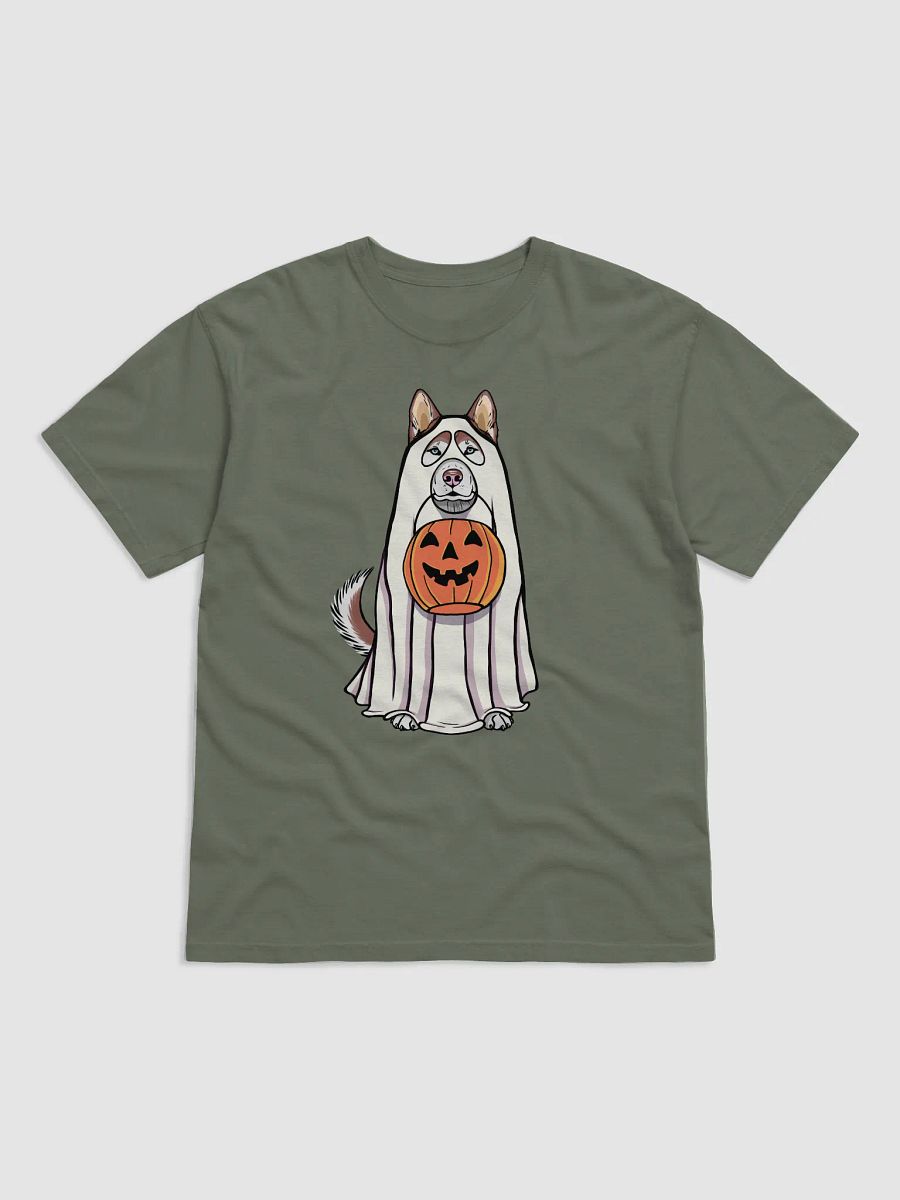 Funny Halloween Siberian Husky(Red) T-Shirt | Funny Husky Wearing a Ghost Costume and Holding a Pumpkin Basket product image (4)