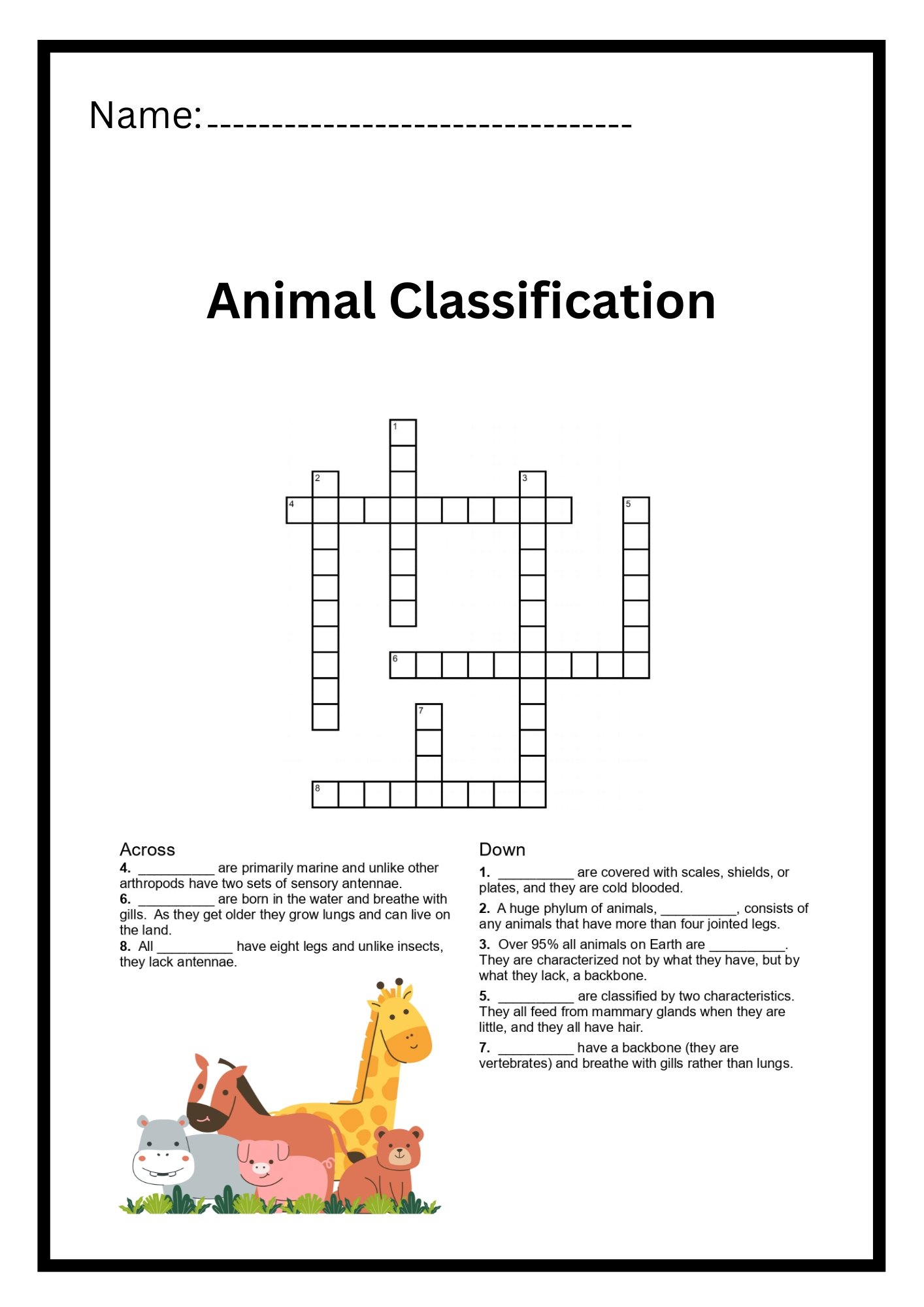 Animal Classification Crossword Puzzle Worksheet Activity Printable PDF product image (2)