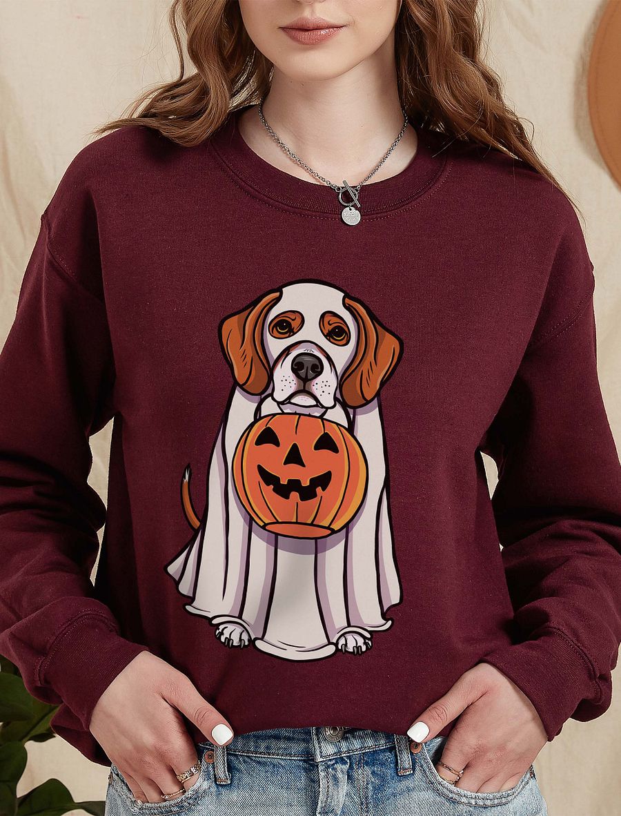 Funny Halloween Beagle Sweatshirt | Funny Beagle Wearing a Ghost Costume and Holding a Pumpkin Basket product image (10)