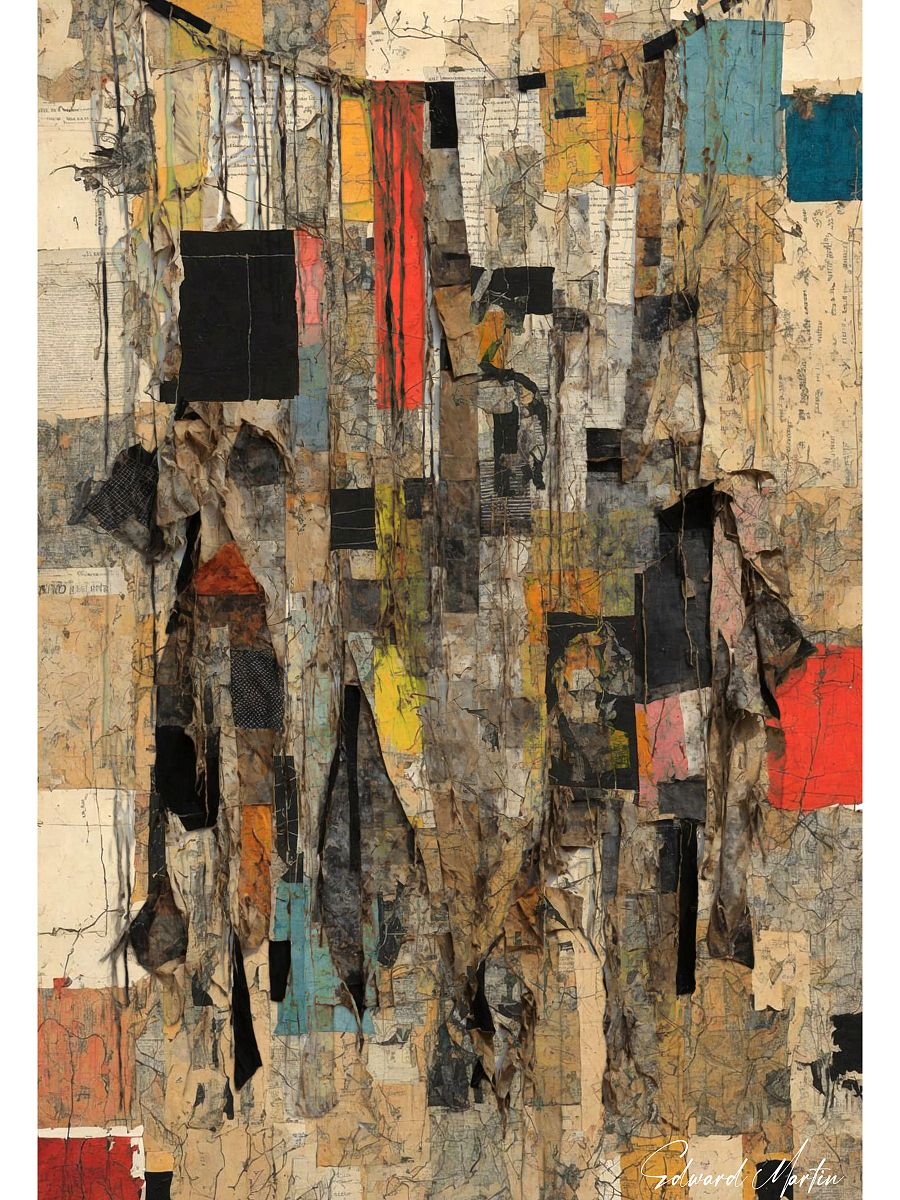 'By a Thread' By Edward Martin: Mixed Media Collage Print:Abstract Collage Earth Tones Poster product image (1)