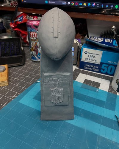 Latest progress on the miniature Super Bowl trophy.
