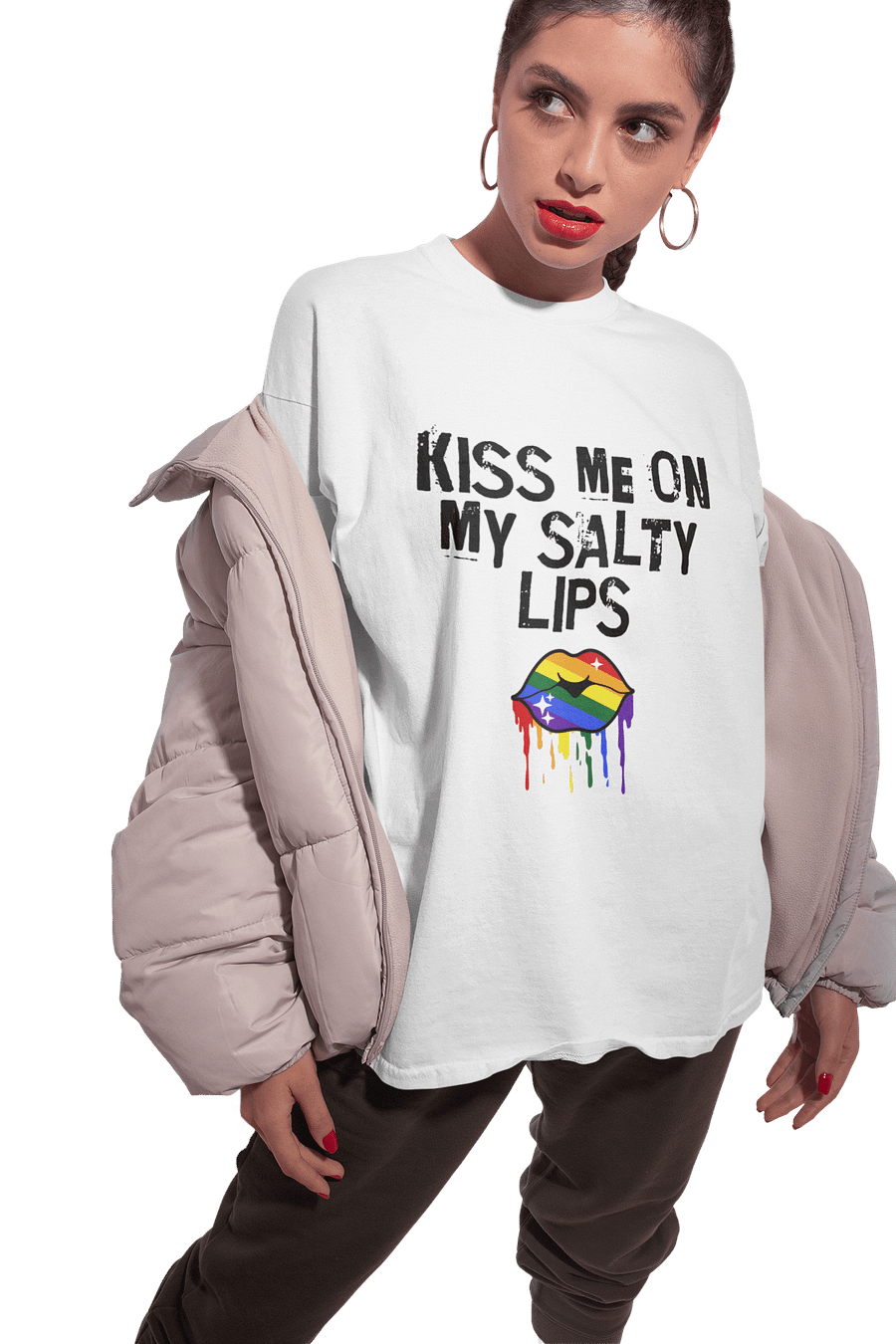 LGBTQ+ T-Shirt - Kiss Me On My Salty Lips Rainbow (White) product image (8)