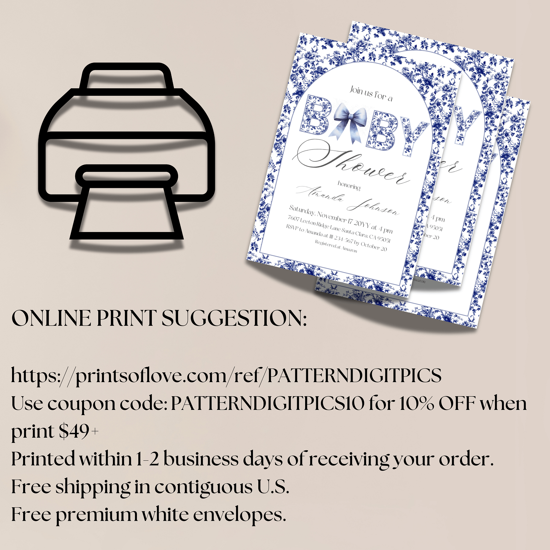 Blue Toile de Jouy and Bow Baby Shower Invitation, Chinoiserie Floral Theme, Boy Baby Shower Invite for Digital Download product image (10)
