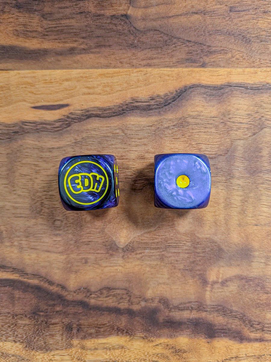 Oversized Pearlescent Purple Dice Set with Yellow Pips - 30mm product image (3)