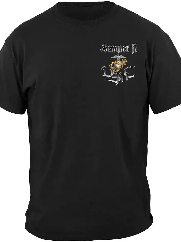 USMC Bulldog Semper Fi T-Shirt - US Marine Corps Black & Chrome Devil Dog Shirt product image (2)