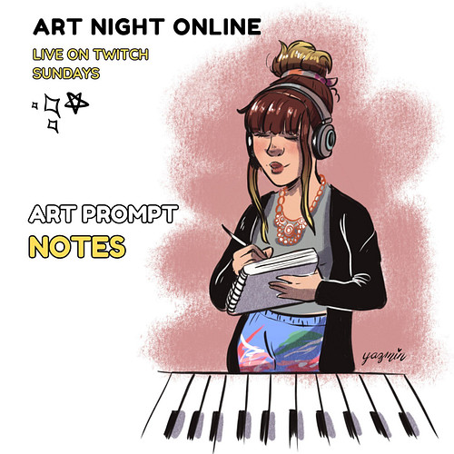 It's Sunday so we play #tunes and make #art! Join us on #Twitch NOW! Today your prompt is #Notes! Art by the amazing YazminAr...