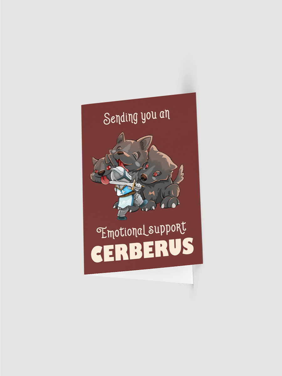 Emotional Support Cerberus & Knight greeting card, cute gift for RPG players, fantasy fiction enthusiasts, and dog lovers product image (1)