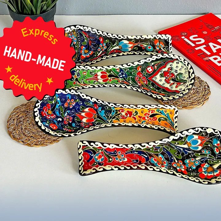 Ceramic spoon rest (Iznik style, blue-yellow) — handmade pottery product image (1)