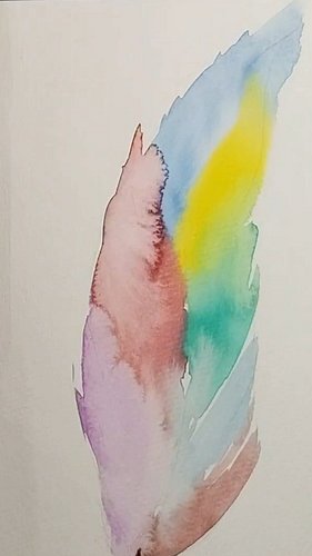 Quick painting and inking of a rainbow feather on a greeting card.