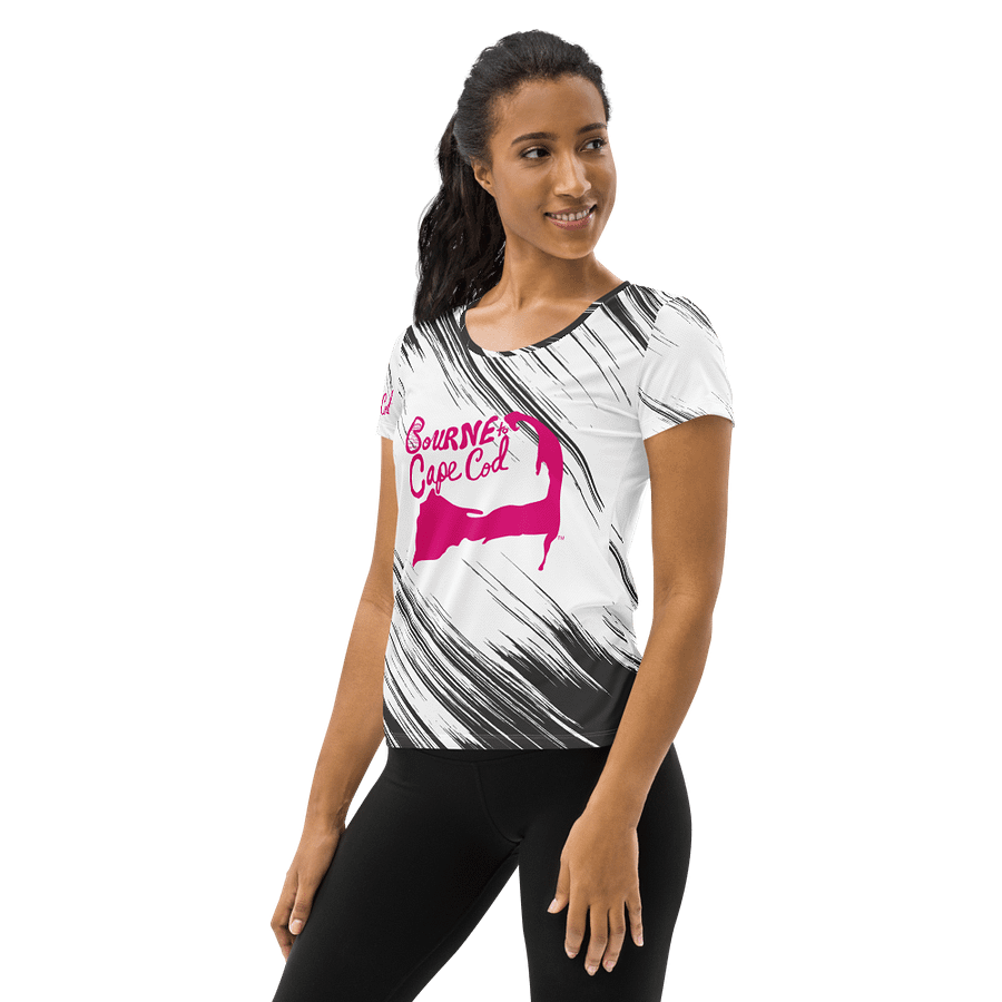 Women's | BOURNE to Cape Cod™ | Sporty Prep Tee ⚓️ | Athletic Style | Pink Logo on Edgy Black & White product image (3)