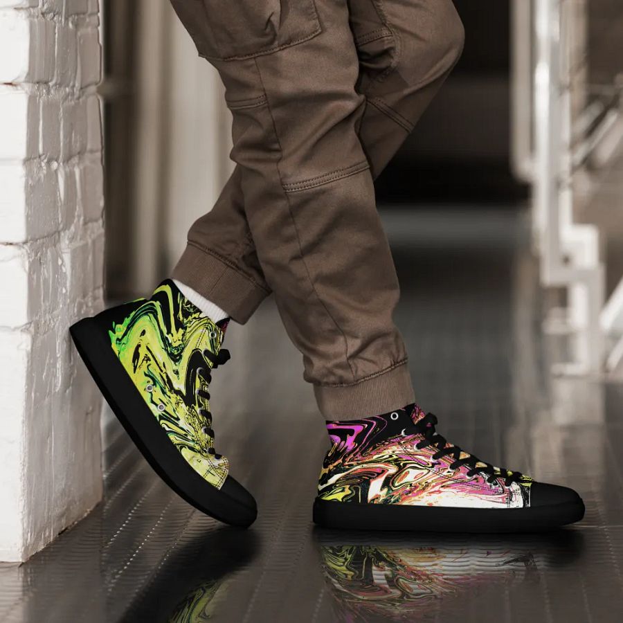 Abstract Neon Daisy Swirl Men's High Top Canvas Shoes product image (2)