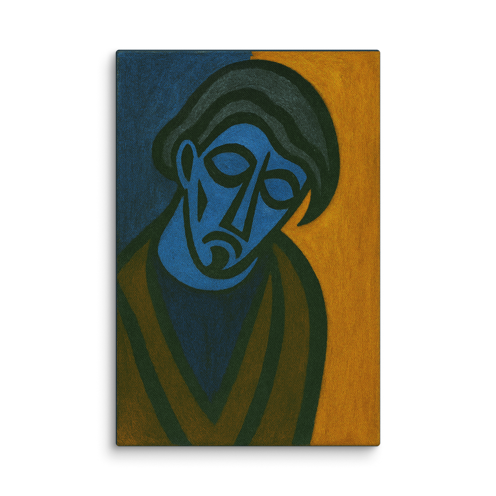 “Split Silence” – Abstract Blue Portrait Canvas – Geometric Cubist Wall Art product image (1)