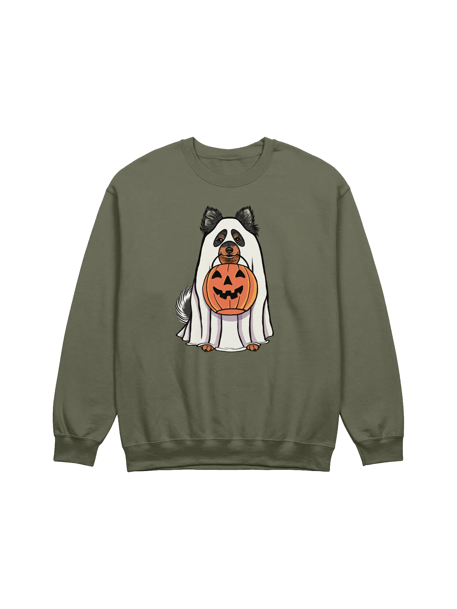 Funny Halloween Pomeranian(Tricolor) Sweatshirt | Funny Pomeranian Wearing a Ghost Costume and Holding a Pumpkin Basket product image (13)