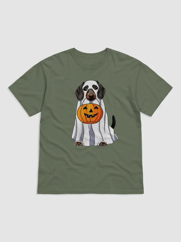 Dachshund Halloween Comfort Colors Tee | Funny Halloween Wiener/Doxie Wearing a Ghost Costume with Pumpkin Basket product image (2)