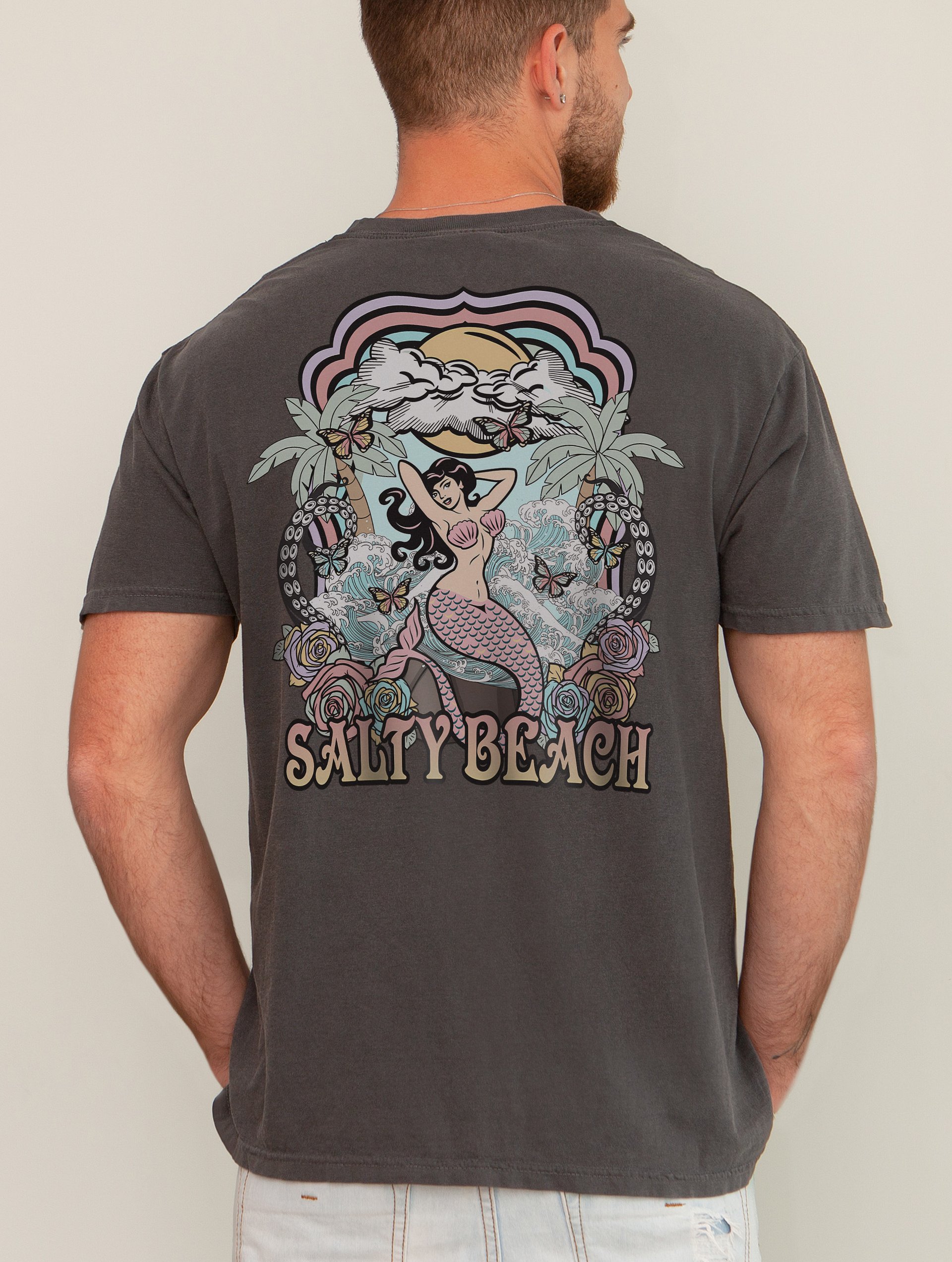 Salty Beach, Mermaid by the Beach Tee (Back Print) | Retro-Style Art Nouveau T-Shirt for Travel and Road Trips product image (19)