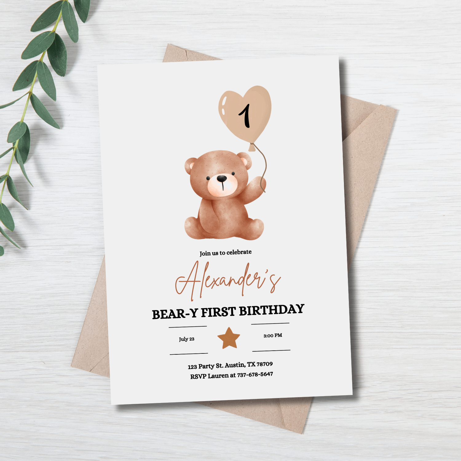 Bear-y First Birthday Invitation | Teddy Bear Birthday Invite | Editable Canva Template product image (7)