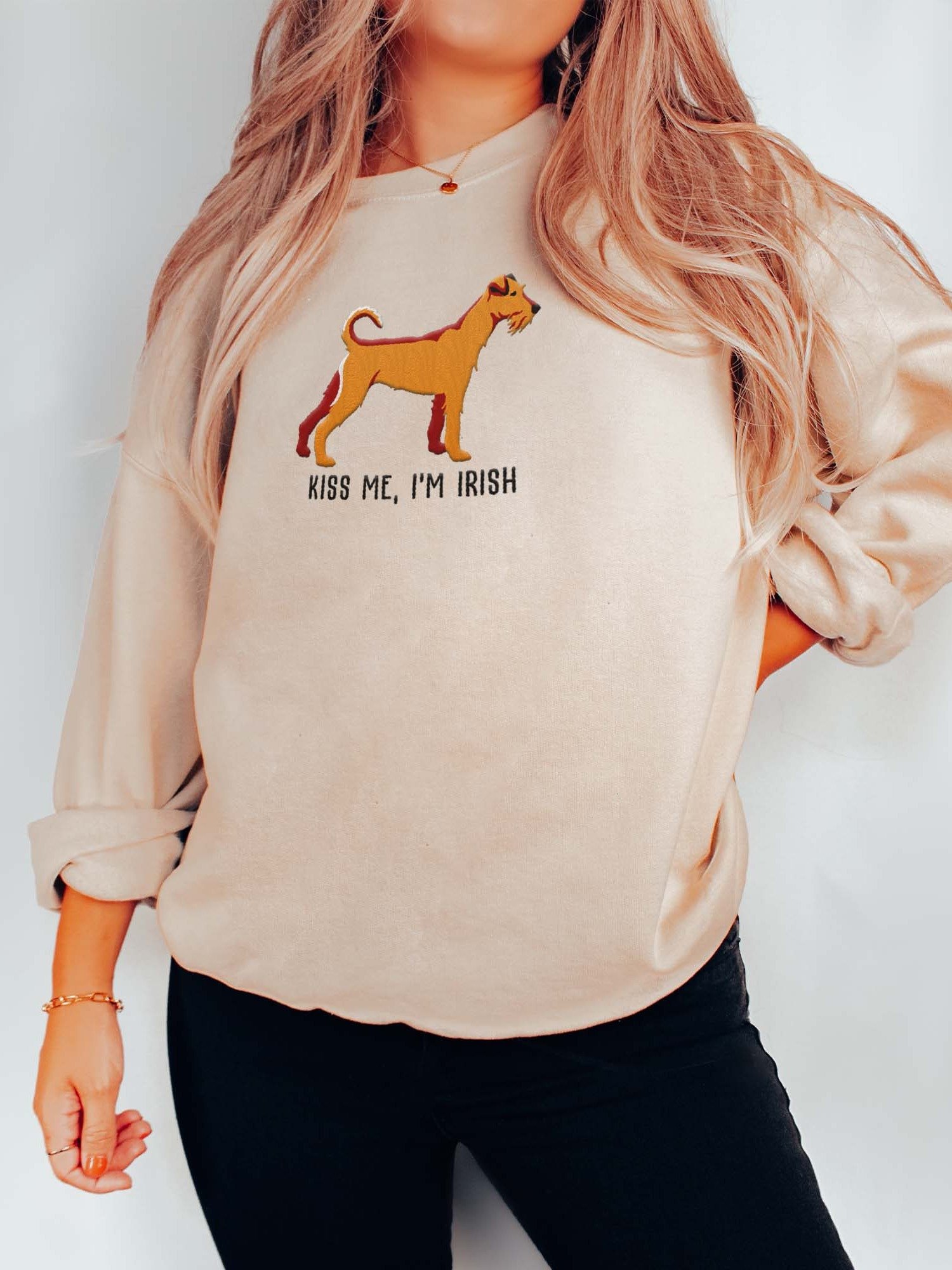 Kiss Me, I'm Irish Sweatshirt (Embroidered) of an Irish Terrier(Tan) product image (2)
