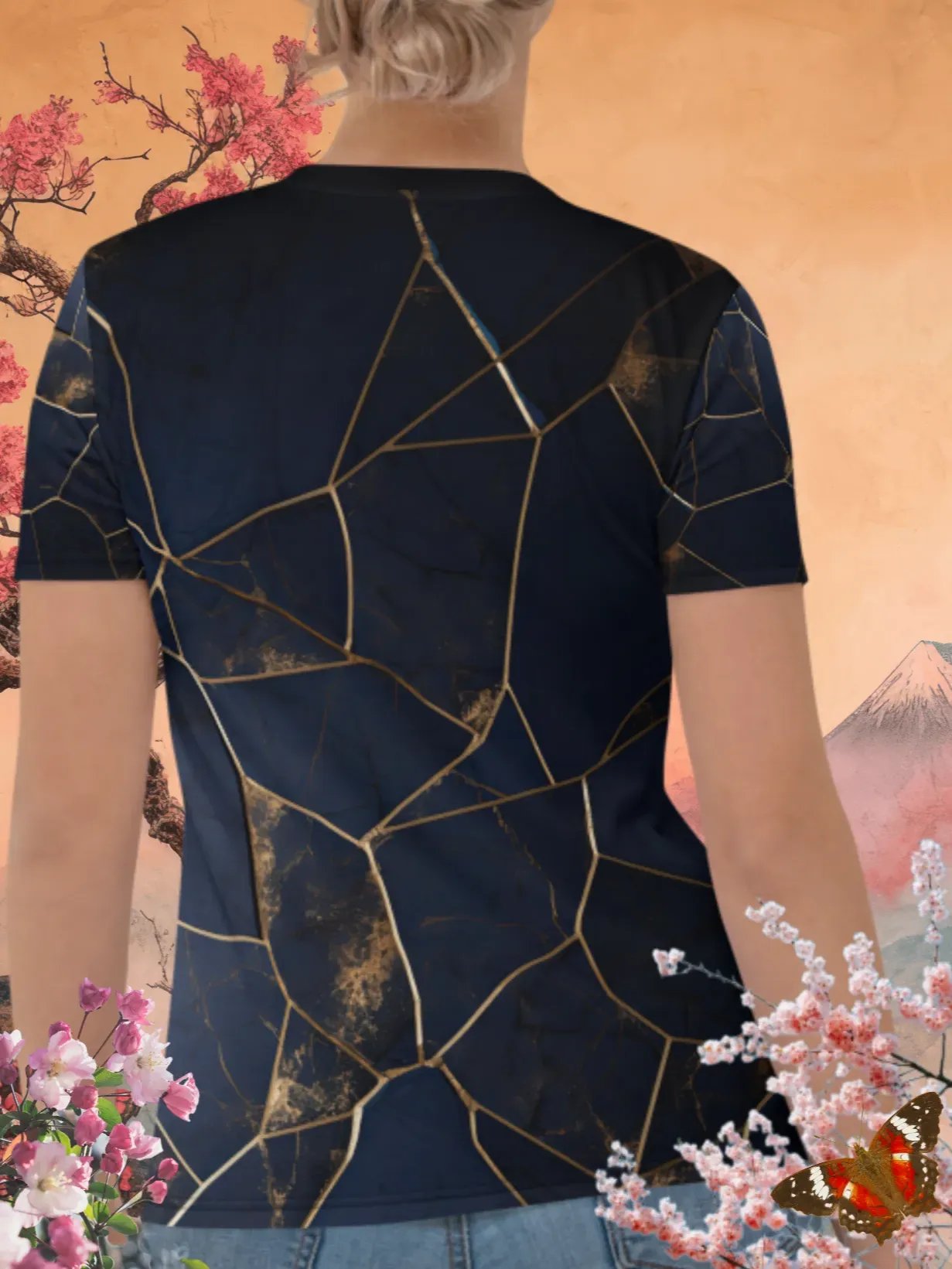 Dark Blue & Gold Kintsugi Print T-Shirt product image (4)