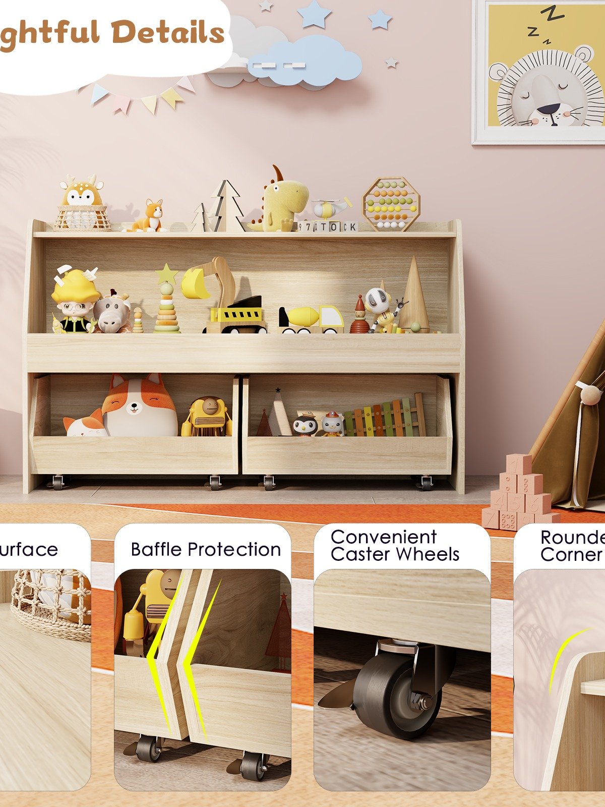 2-Tier Portable Toy Storage, Kids Toy Organizer W/2 Removable Bins with 4 Wheels（Wood) product image (3)