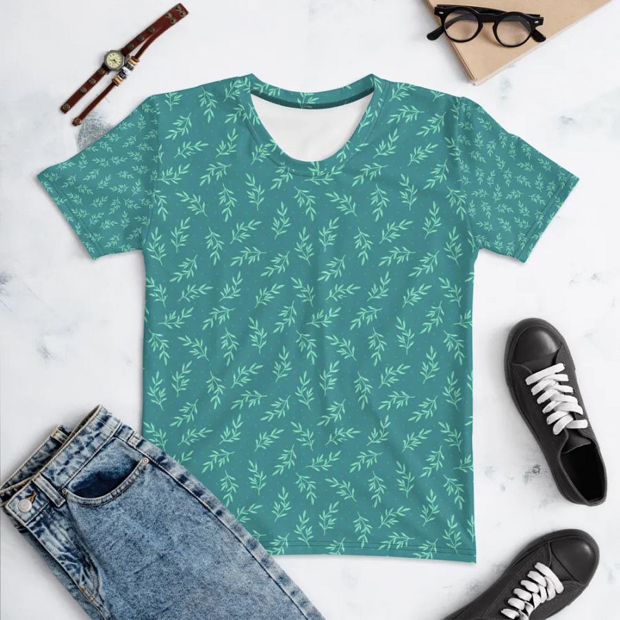 Ladies T shirt all over print teal color  leafy design  giving a fresh healthy feel. product image (10)