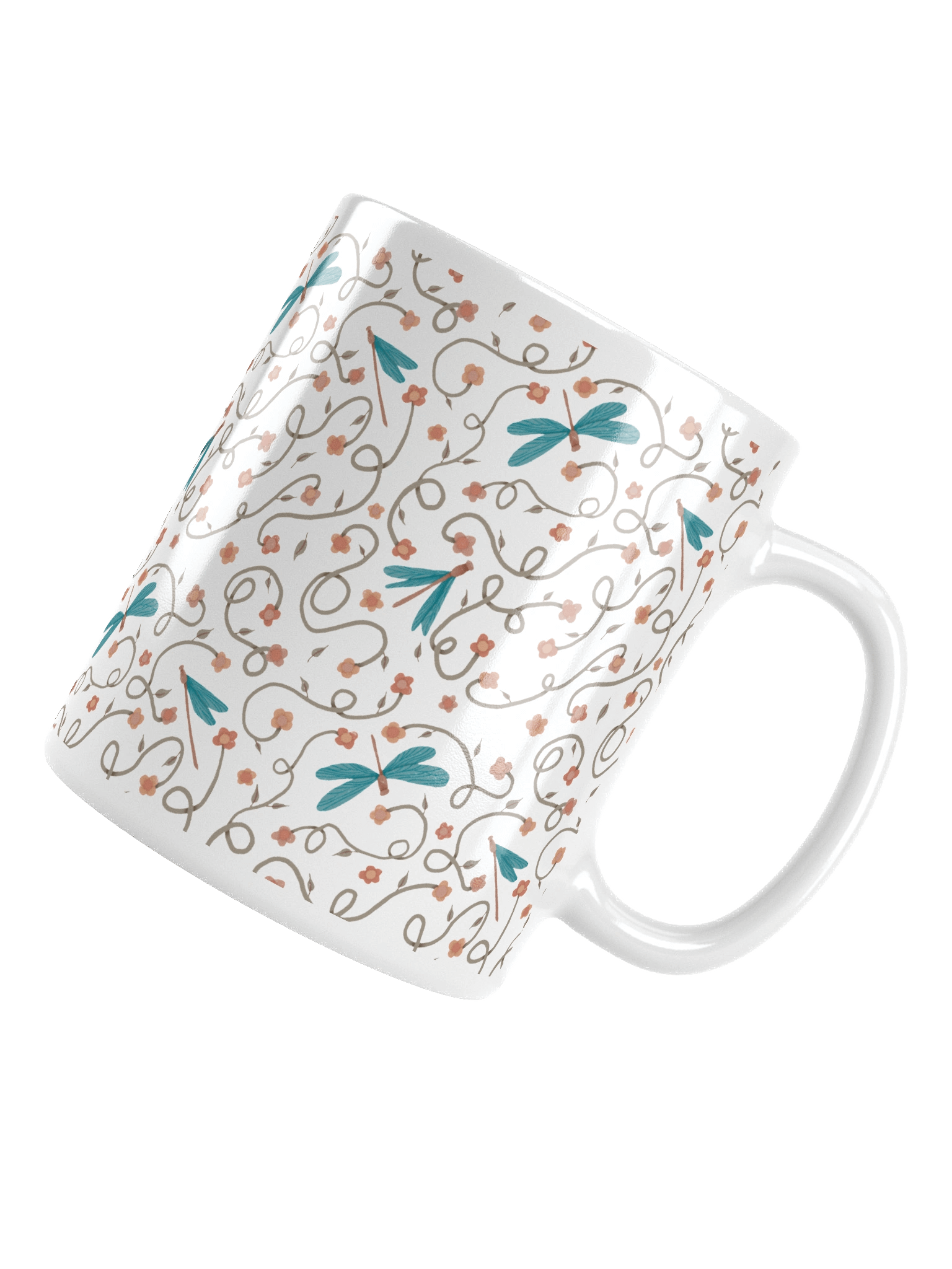 White glossy mug with dragonfly and floral pattern. Artistic nature inspired design product image (5)