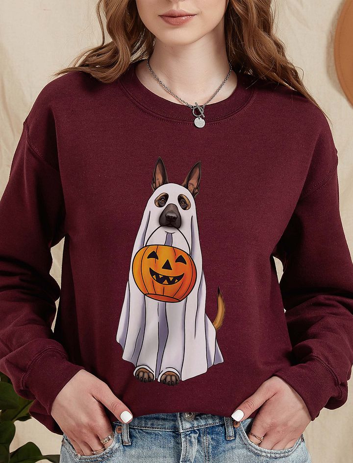 Belgian Malinois Halloween Sweatshirt | Funny Fall and Halloween Malinois Wearing a Ghost Costume with Pumpkin Basket product image (14)