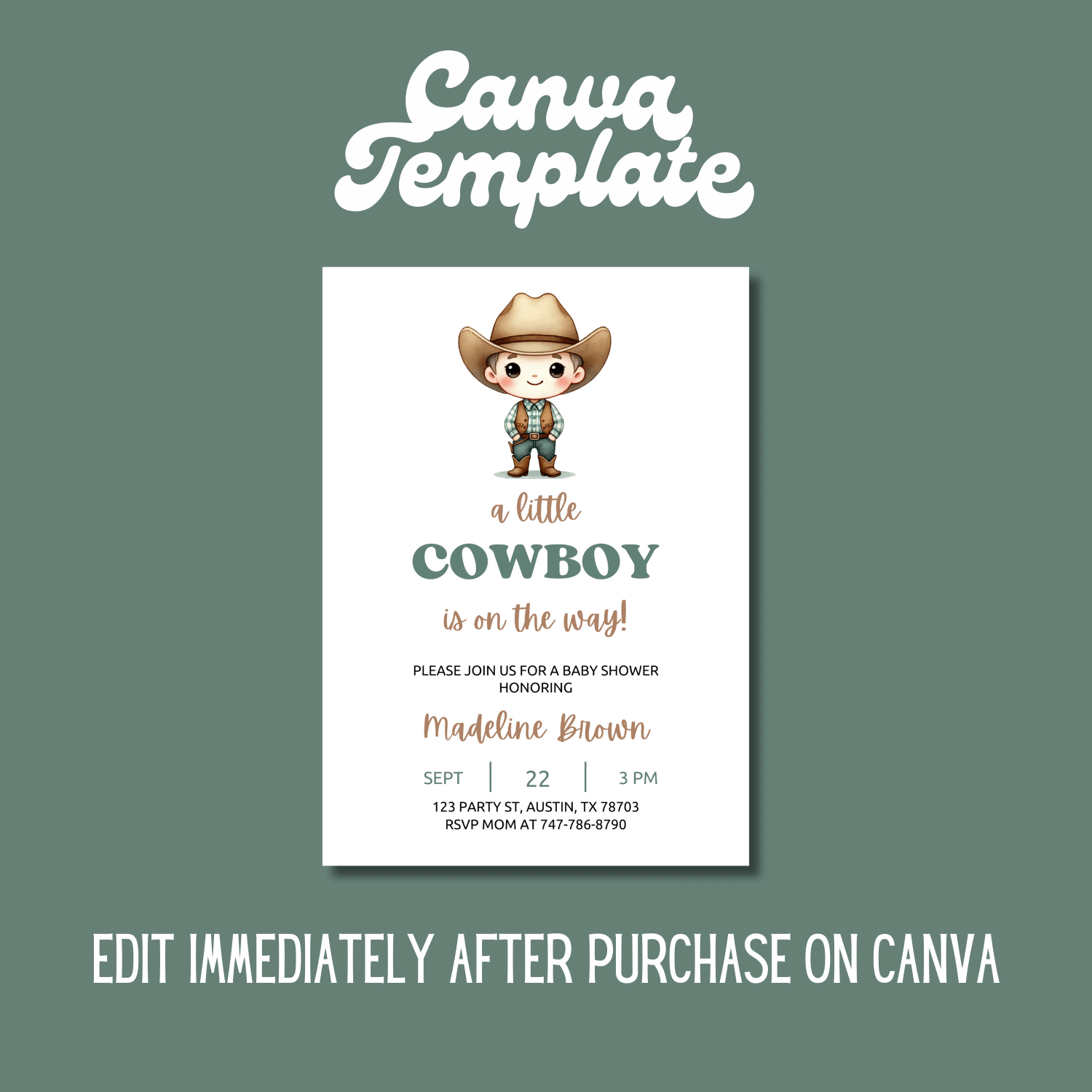 Little Cowboy Baby Shower Invitation Template – Canva Editable Cowboy Baby Invite product image (4)