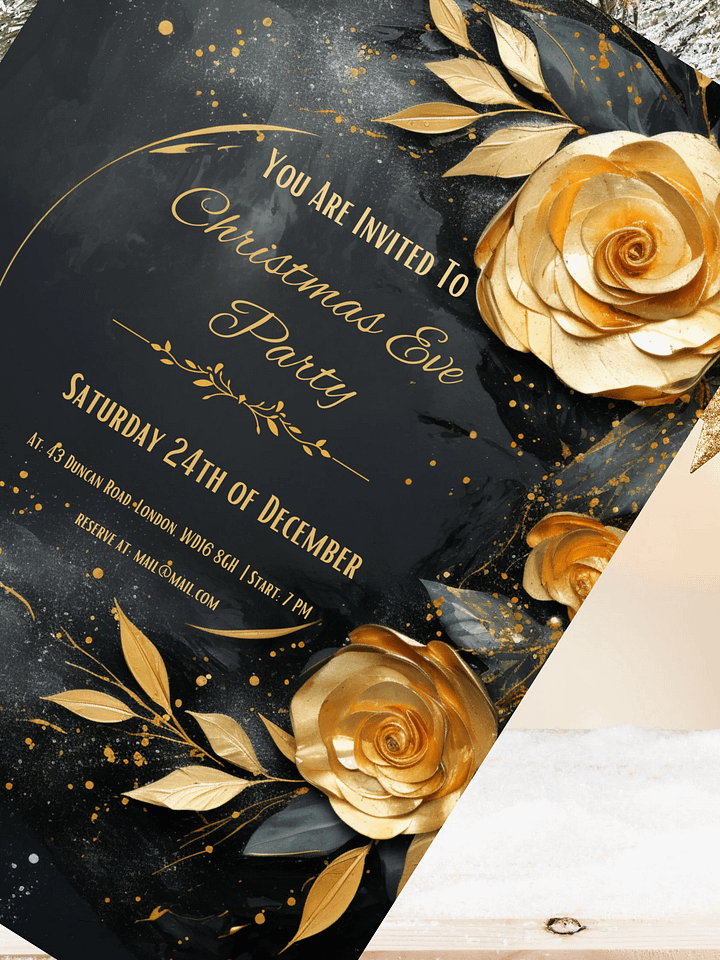 3D Golden Roses Christmas Eve Party Invitation | Editable in Canva | Christmas Party Printable | Holiday Invitation Template | Link to Canva product image (2)