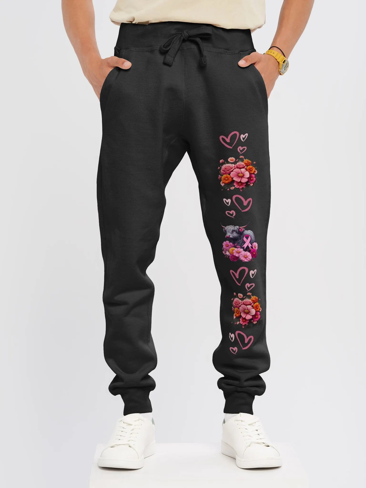Highland Cow Floral Bliss Breast Cancer Awareness Joggers product image (3)