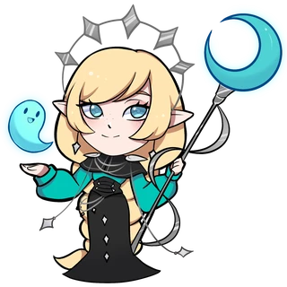 GoddessJLP Holding a moon staff glowing cyan and her ghost follower in another hand