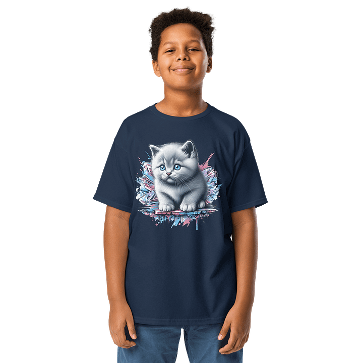 Kids British Shorthair Kitten T-Shirt – Cute Blue-Eyed Cat Graffiti Art Tee | Cool Urban Style for Animal Lovers product image (1)