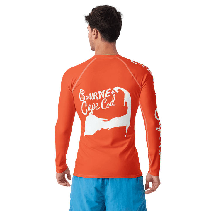 BRN.2C.C.™ /BOURNE to Cape Cod™ | Men’s Long Sleeve Rash Guard | UPF 50+ Active Coastal Shirt | White Logos on Outrageously Orange product image (2)