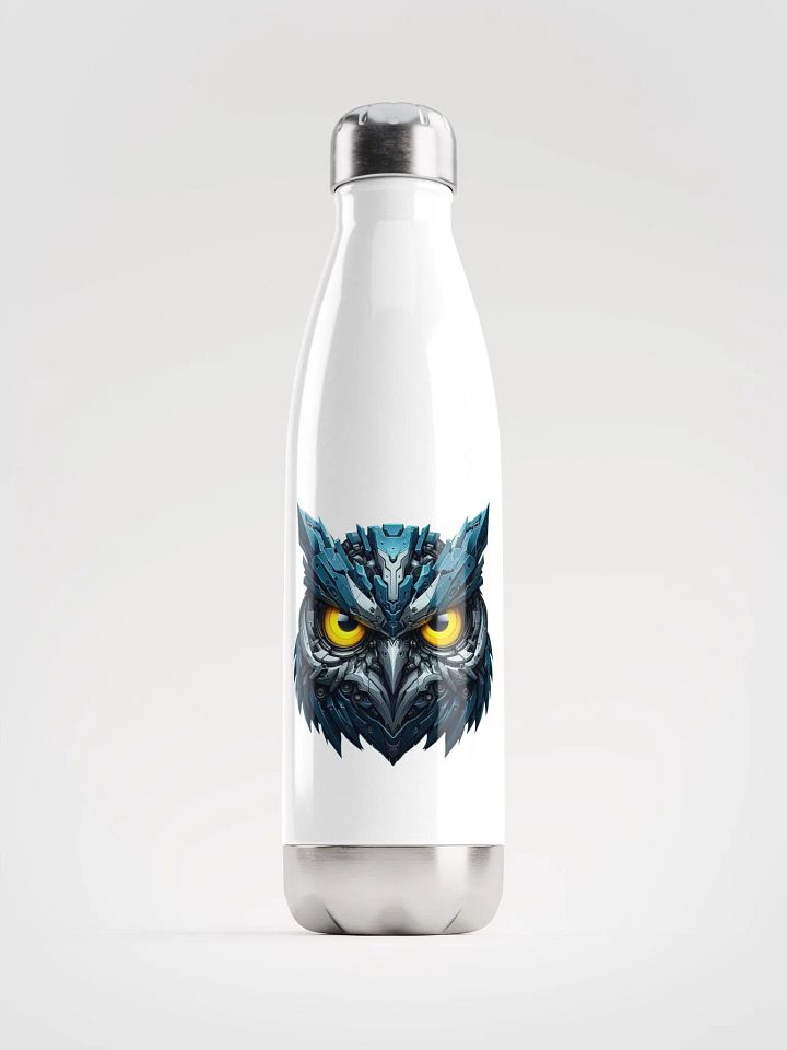 White Stainless Steel Water Bottle with Blue Iron Owl Robot Design product image (1)