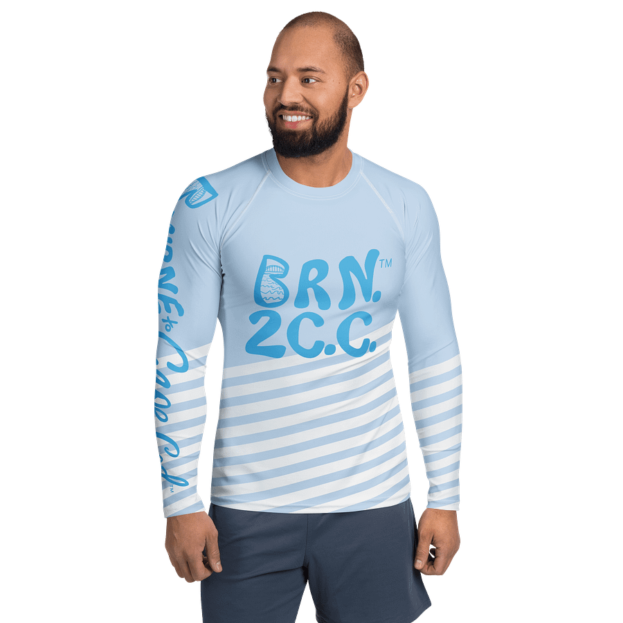 BRN.2C.C.™ /BOURNE to Cape Cod™ | Men’s Long Sleeve Rash Guard | UPF 50+ Active Coastal Shirt | Sky Blue Logos on Skyline Stirpes product image (3)