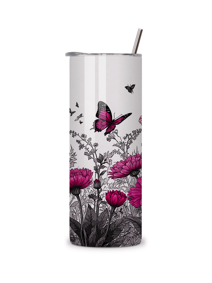 Butterfly & Floral 20oz Skinny Tumbler with Metal Straw – Pink and Black Garden Design with Flowers and Butterflies – Double-Walled Insulated Stainless Steel Tumbler, Gift for Nature Lovers product image (3)