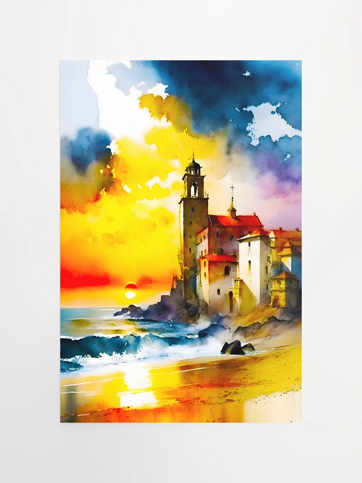 Old European Coastal Lighthouse at Sunset with Stunning Beach Watercolor Art Matte Poster product image (2)