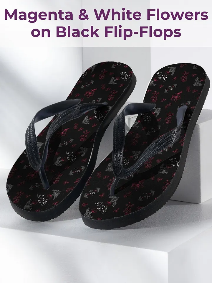 Magenta and White Flowers on Black Women's Flip-Flops product image (1)