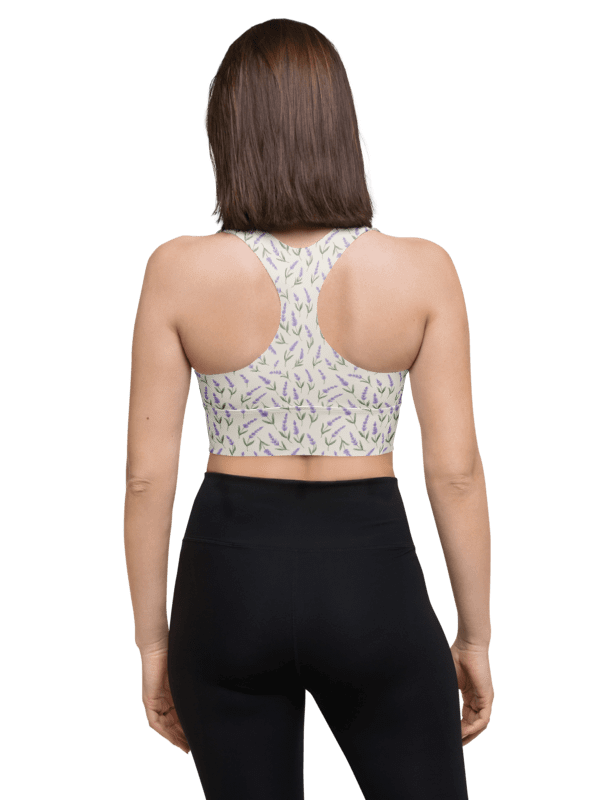 All-Over print recycled longline sports bra with lavender pattern on beige background product image (2)