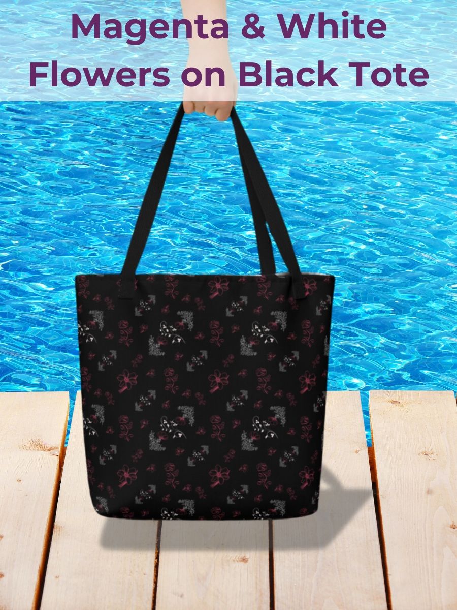Magenta & White Flowers on Black Tote Bag product image (1)