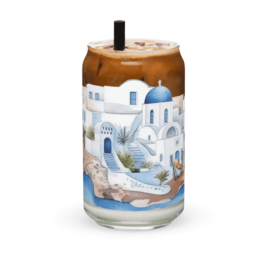 Santorini Dreaming Glass Can Tumbler | 16oz | Greek-Inspired Beverage Glass with Bamboo Lid & Straw product image (6)