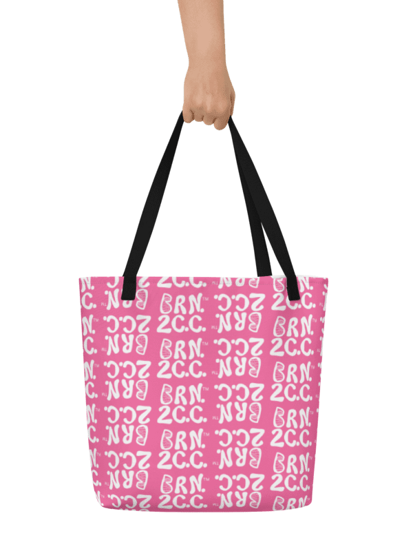 BRN.2C.C.™ | Large Tote Bag with Pocket | Coastal Classic | All-Over Logo Print | White Logo Repeat on Brilliant Rose product image (2)