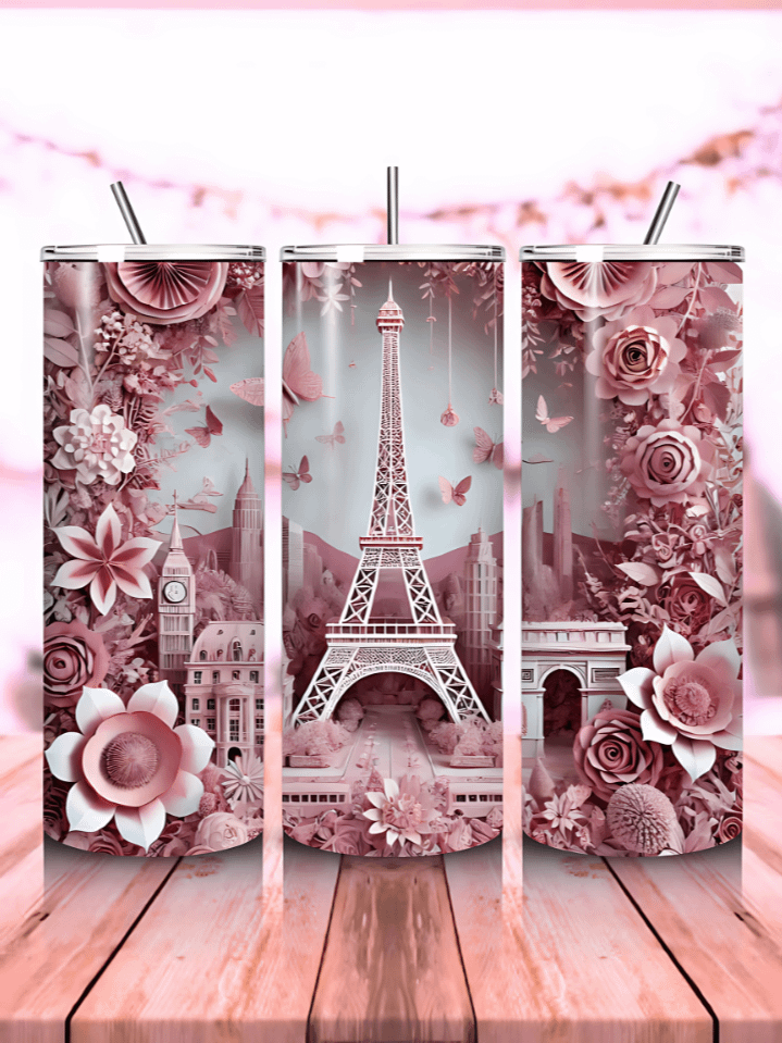 3D Eiffel Tower Flower 20oz Tumbler Wrap PNG – Seamless Floral Sublimation Design – Eiffel Tower Theme PNG Wrap – High-Quality 300 DPI Download product image (1)
