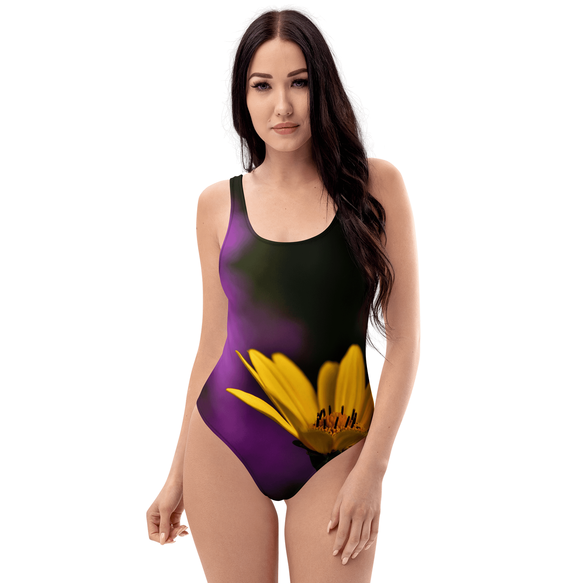 Badeanzug - Leuchtend gelbe Blüte vor violettem Hintergrund product image (1)