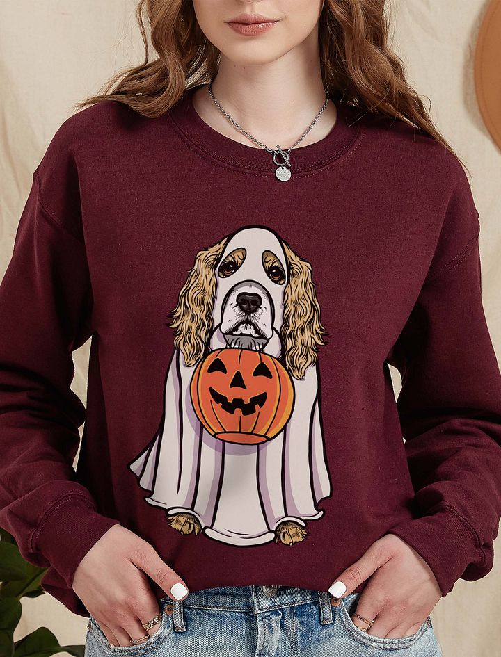Funny Halloween Cocker Spaniel(Lemon) Sweatshirt | Funny Cocker Spaniel Wearing a Ghost Costume and Holding a Pumpkin Basket product image (10)
